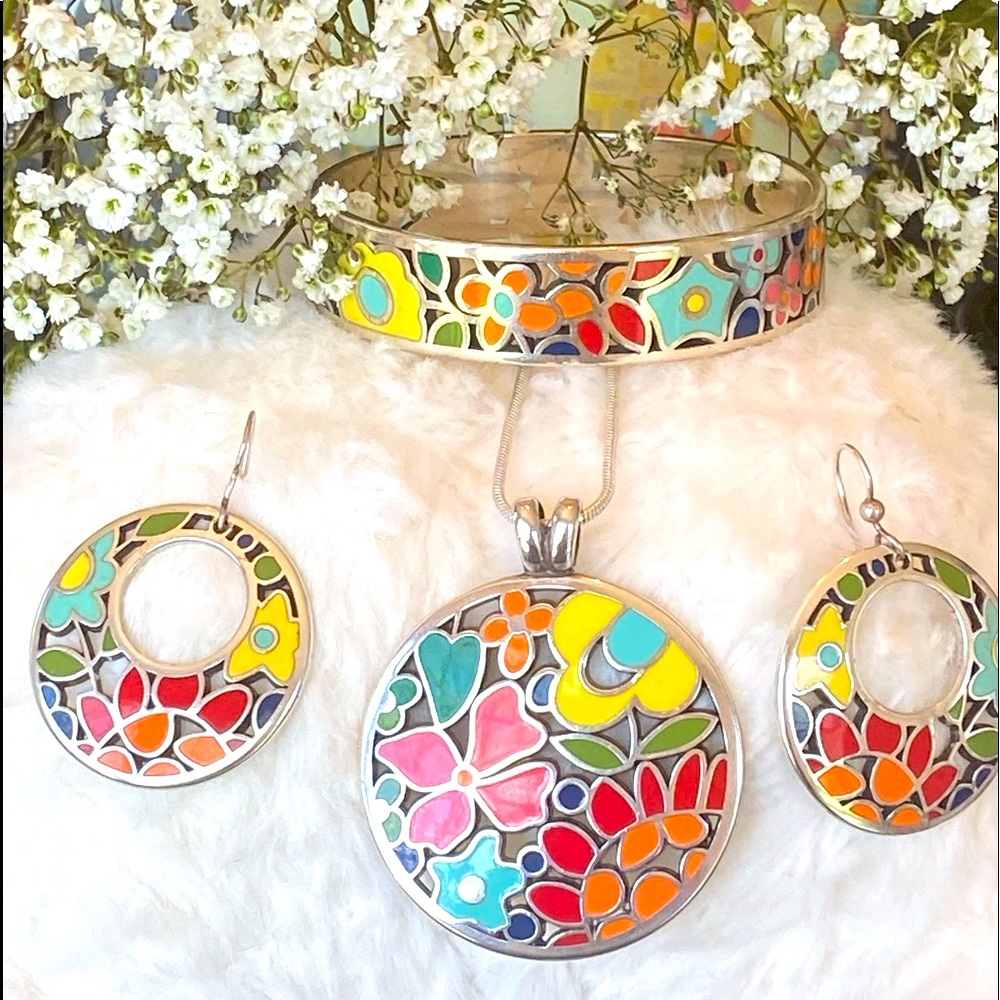 Brighton MIDNIGHT MEADOW MultiColor Enamel Floral Long Necklace Bracelet Earring